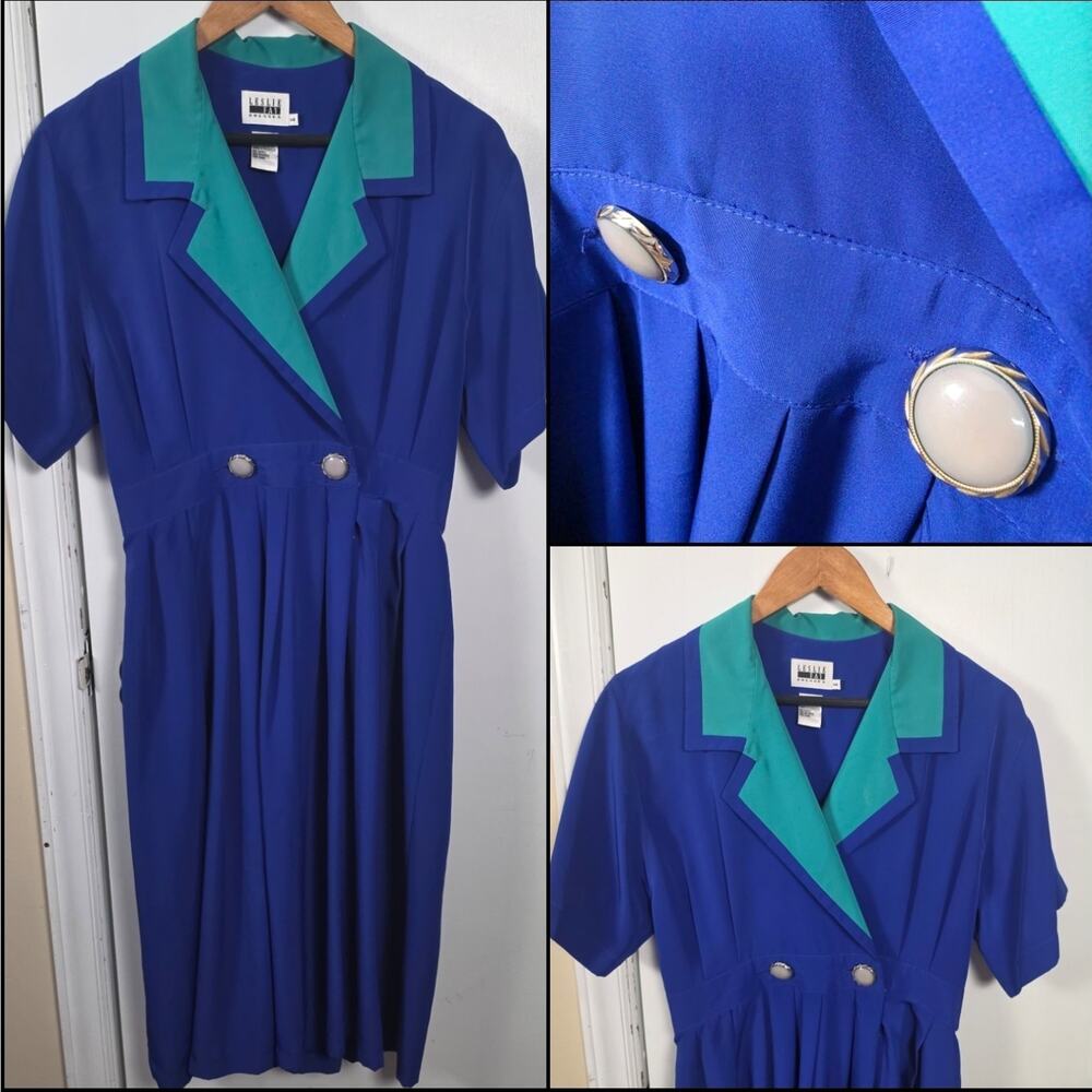 Vintage 80s Leslie Fay Colorblock Dress Sz 14 Teal Blue Career Retro Cosplay